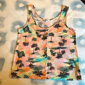 Tropical Button Down Tank Top, Size Large